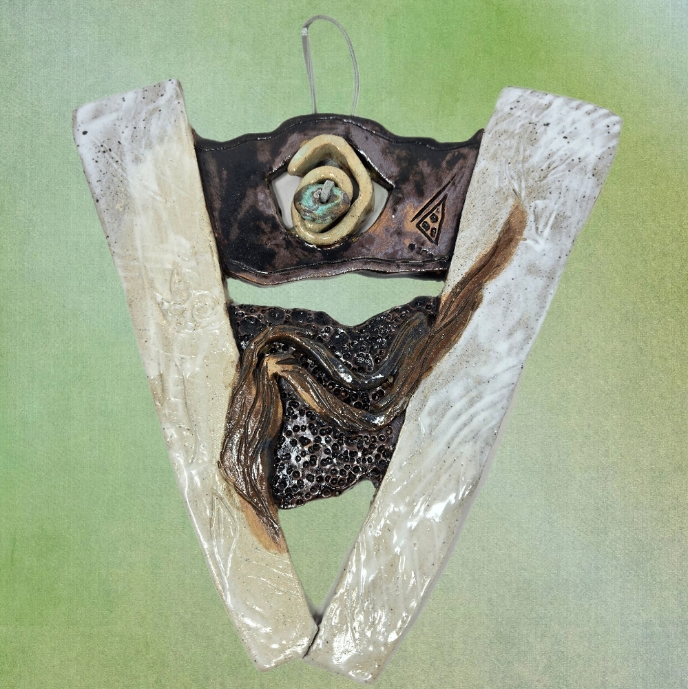 Maggie Weiss Ceramic Wall Sculpture Titled Fanfare Earthy Muted Colors Glazed